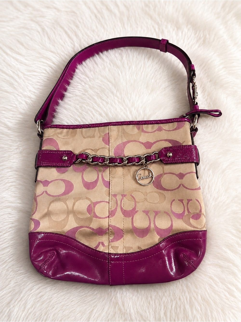 Y2K Vintage Coach Signature Canvas Hobo Shoulder Bag Purple Patent Leather EUC